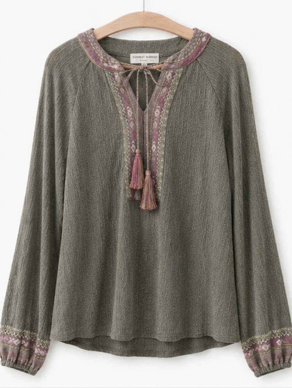 Farmers Market Boho Peasant Top Size Medium Olive Tassel Trim